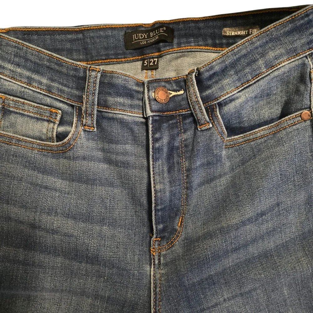 Judy Blue Women's Straight Fit Jeans Blue Distressed Ripped Raw Hem Size 5 27‎